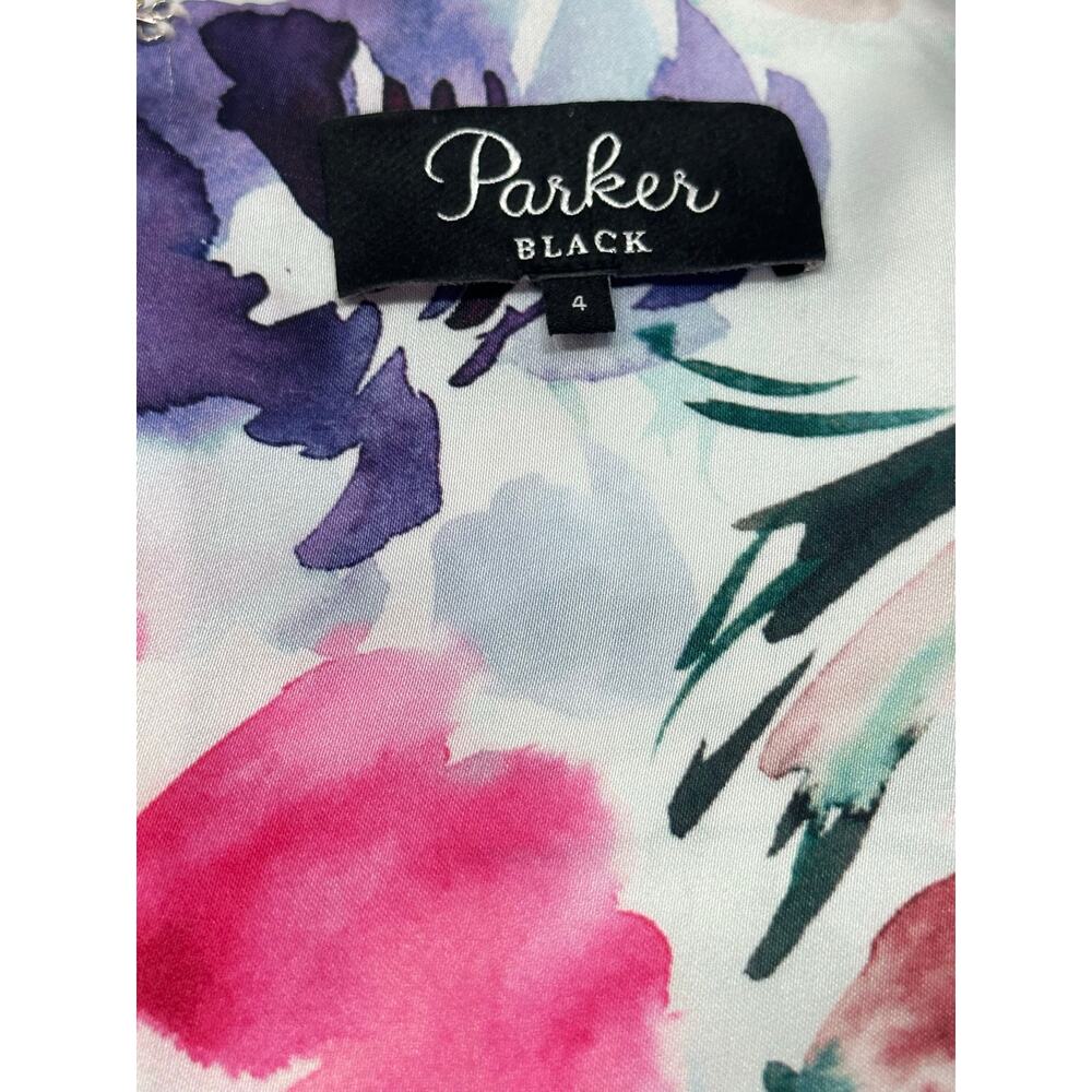 Parker Black Charlotte Watercolor Floral Satin High Low Midi Dress Size 4 - Picture 8 of 14